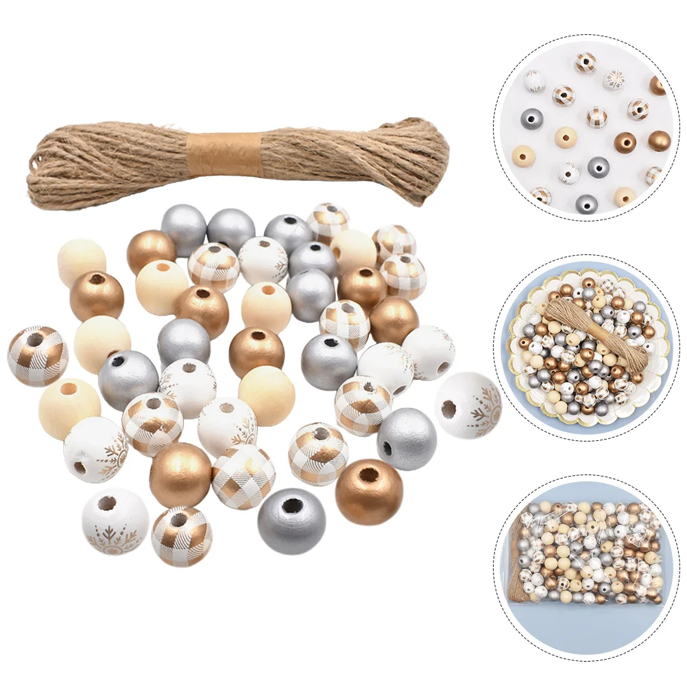 

1 Set Christmas Round Wooden Beads Xmas Garland Making Wood Bead for Necklace with Rope