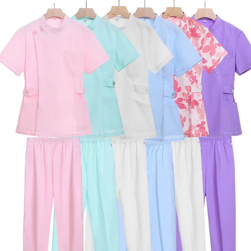 Flower Short Scrubs Set Nurse Doctor Medical Uniform Women Outwear Nursing Nursing two-piece suit Beauty Salon hospital gown