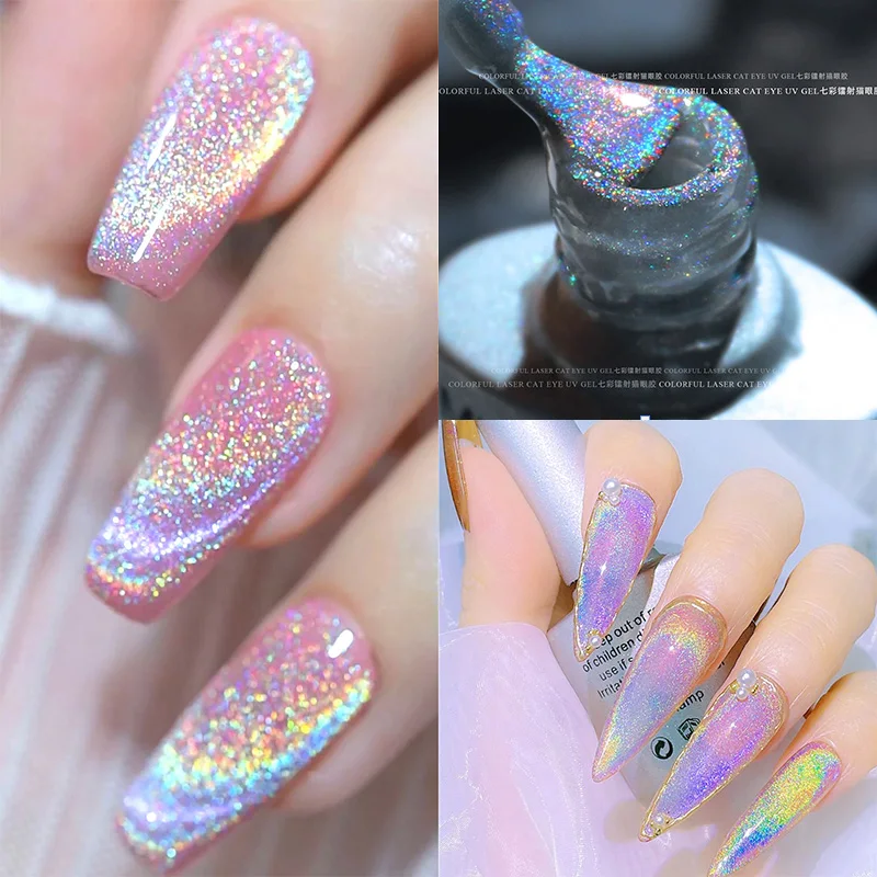 

8ml Rainbow Cat Eye Magnetic Gel Winter colorful glitter universal nail polish can be use on any color nail accesorios Sparkling