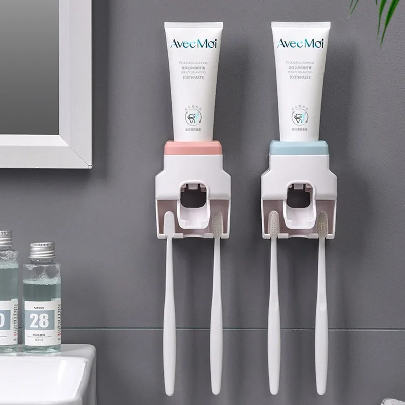 

Nordic Plain Color Toothpaste Rack Free Punch Wall Hanging Automatic Toothpaste Squeezer Rack with Toothbrush Hanging Position