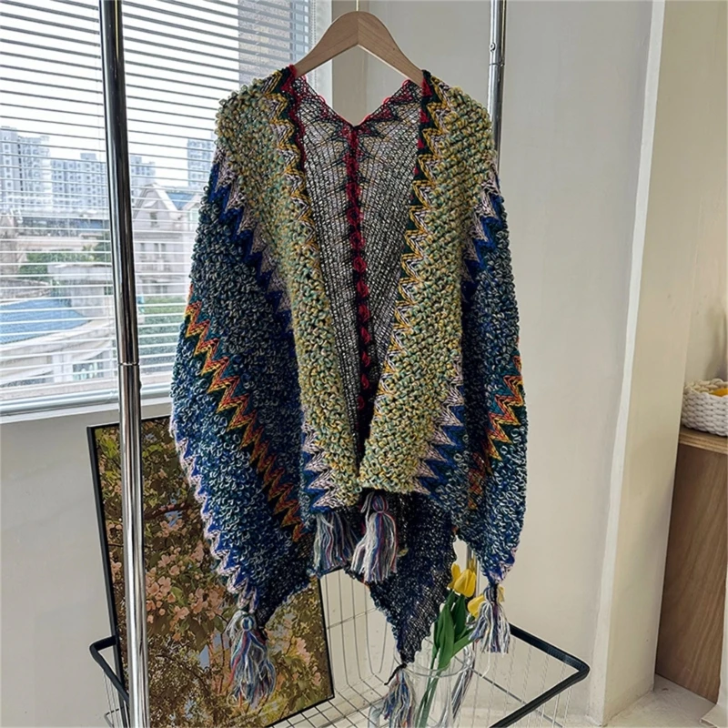 

Women Knit Poncho Cape Autumn Winter Bohemian Poncho Cloak Tassels Cardigan