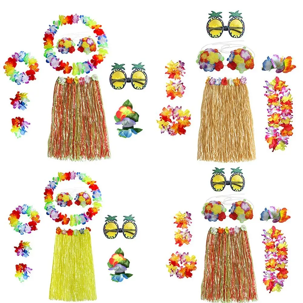 

Hawaii Party Supplies Garland Party Decoration Necklace Glasses Headband Fancy Dress Costume Hawaiian Hula Skirt Set