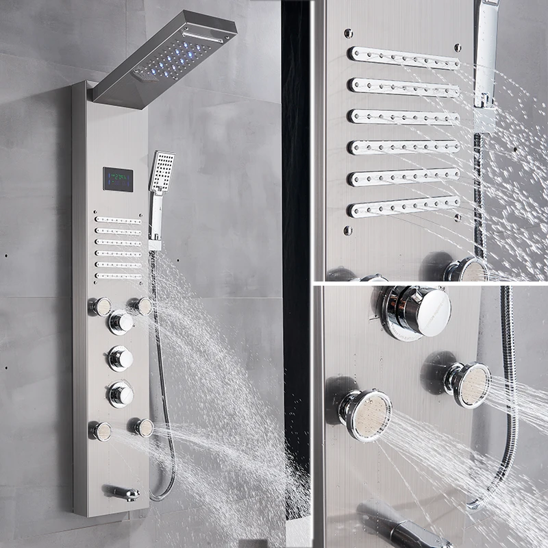 

Brushed nickel Bathroom Shower Column Black LED Shower Panel Rainfall Shower Faucets Digital Screen 6 Modes Mixer Tap