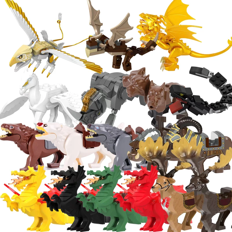 Волшебные фильмы, средневековые фигурки животных, строительные блоки, дракон, лось, дикий кабан, бигун, овечка, собака, мини-модели, кирпичи, игрушки «сделай сам», детские подарки