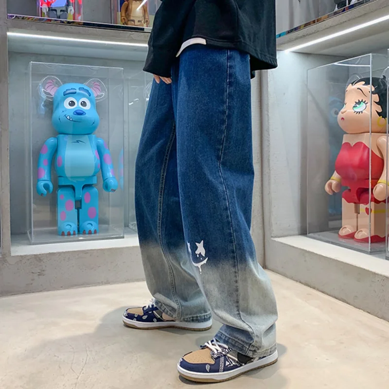 Men's Wear 2022 New Smiley Face Graffiti Navy Blue Jeans Temperament Versatile Straight Cylinder Wide Leg Trousers Autumn Female