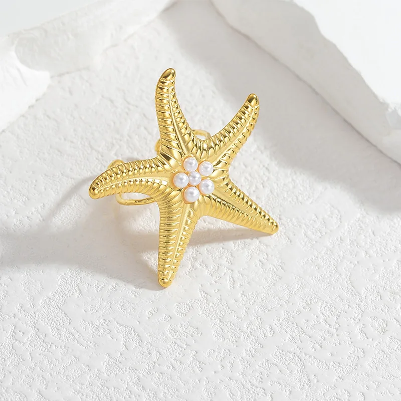 Кольцо с жемчугом и морской звездой из нержавеющей стали