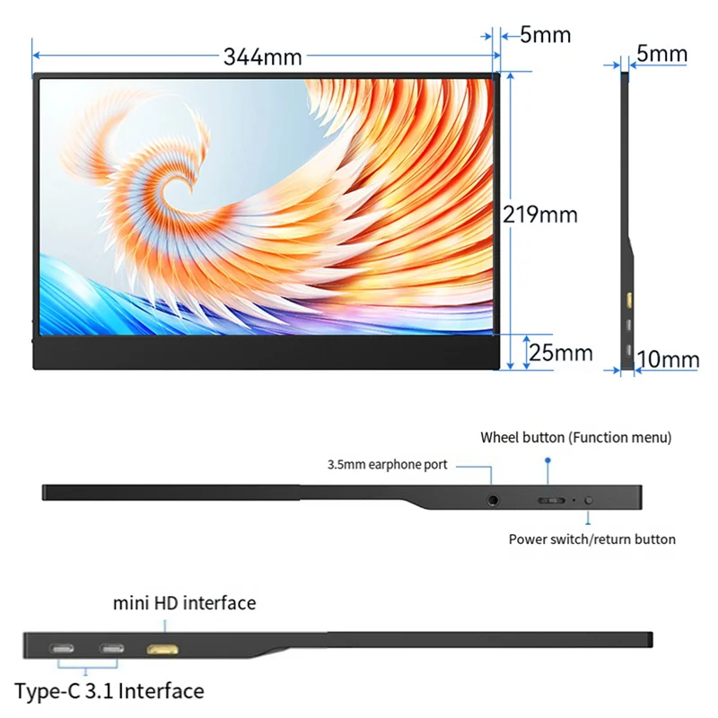 15-дюймовый портативный монитор 1920x1080 игровой с бесплатной синхронизацией типа C