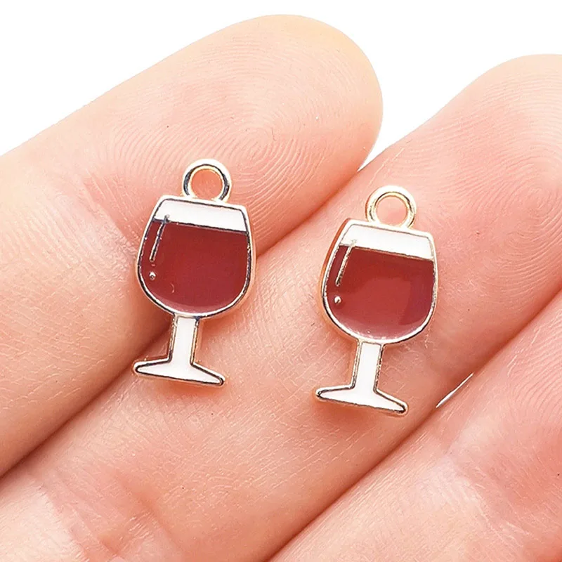 10Pcs Enamel Red Wine Bottle Glass Goblet Charms Metal Pendant Golden Color Earring for Jewelry Making DIY Accessories