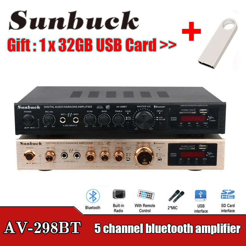 

SUNBUCK 2200W Channel Bluetooth Home Cinema Power Amplifier HiFi Stereo Speaker Amp Support FM Radio 2 Mic USB SD Card Input Amp