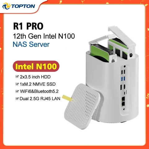Mini NAS ПК 2-Bay R1 PRO 12-го поколения Intel N100 2,5G i226 мягкий маршрутизатор DDR4 NVMe медиасервер частный облачный брандмауэр Сетевое хранилище
