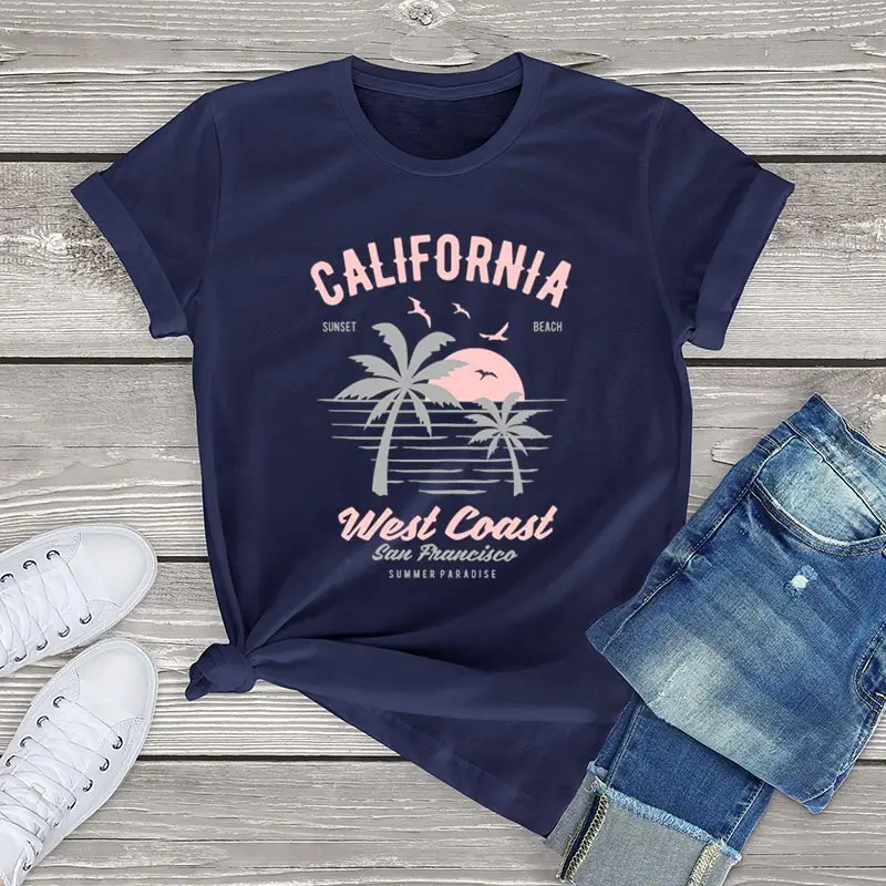

California West Coast Sunset And Beach Unisex T Shirt Women Clothing Summer Womens Short Sleeve Tshirt Cotton Sunset Ladies Tops