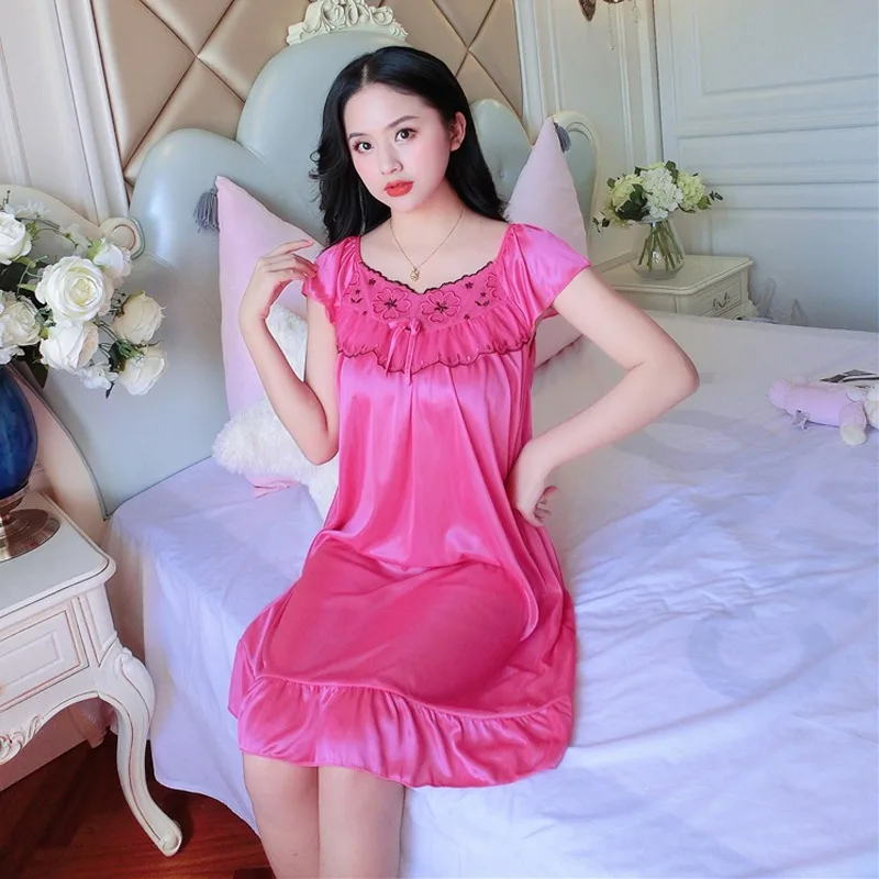 

Gaodinglan Women sleeveless Ice Silk Nightdress Summer Thin Lace Embroidery Nightgown Female O Neck Solid Color Home Sleepwear