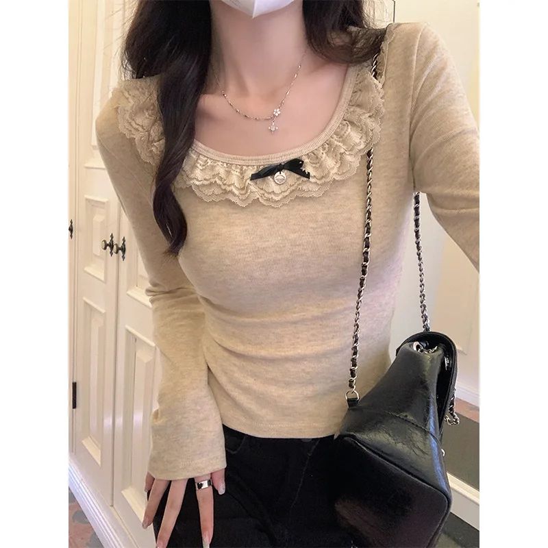 Женская Кружевная футболка с длинным рукавом круглым вырезом и бантом