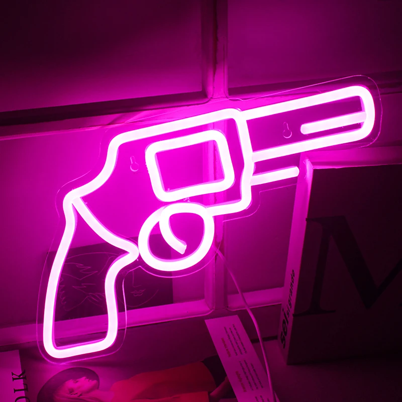 

ineonlife Neon Sign Lights Pink Gun Pistol Shaped Wall Hanging Art Neon Night Lamps For Bedroom Game Room Decor Usb Witch Switch