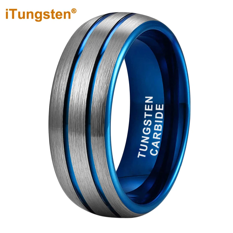 

iTungsten 8mm Blue Tungsten Carbide Ring for Men Women Engagement Wedding Band Fashion Jewelry Domed Brushed Finish Comfort Fit