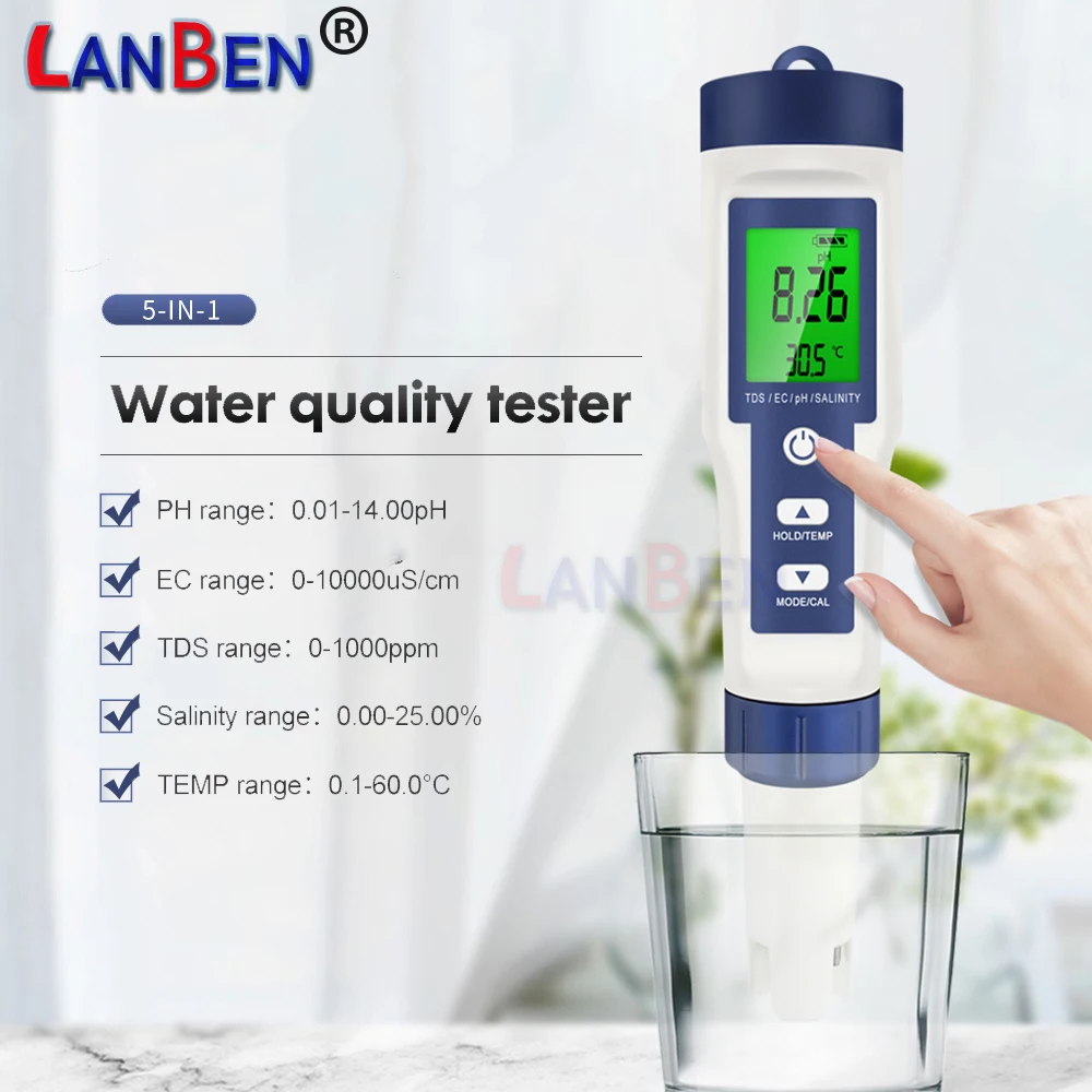 

5 In 1 Digital PH TDS EC Meter Salinity Temperature Tester Conductivity Water Filter Purity Pen with backlight