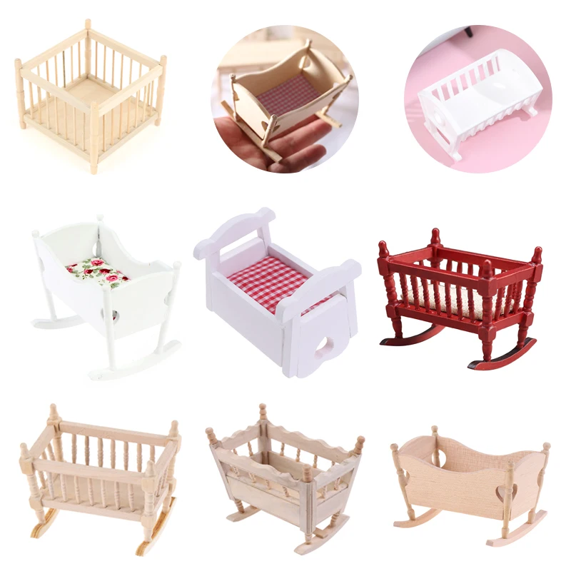 1/12 Dollhouse Miniature Baby Bed Mini Cradle Baby Cot Model Wooden Nursery Room Bedroom Furniture Doll House Decor Accessories