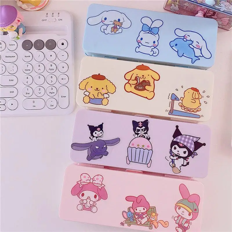 

Kawaii Sanrios канцелярская коробка Милая Kuromi My Melody Cinnamoroll мультяшная двухслойная наклейка «сделай сам» канцелярская коробка для девочек Подарки