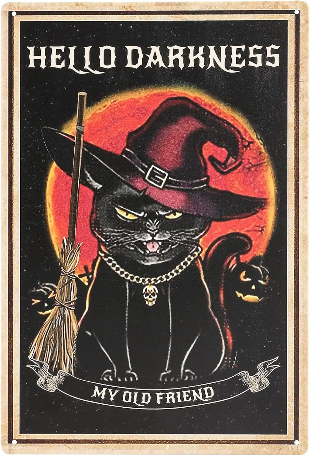 HNTJNSS Vntge Hlloween Ct Metl Plque Hello Drkness My Old Frend Blck Decor Sgn Grden Decove Frmhoe Home Br Pub W