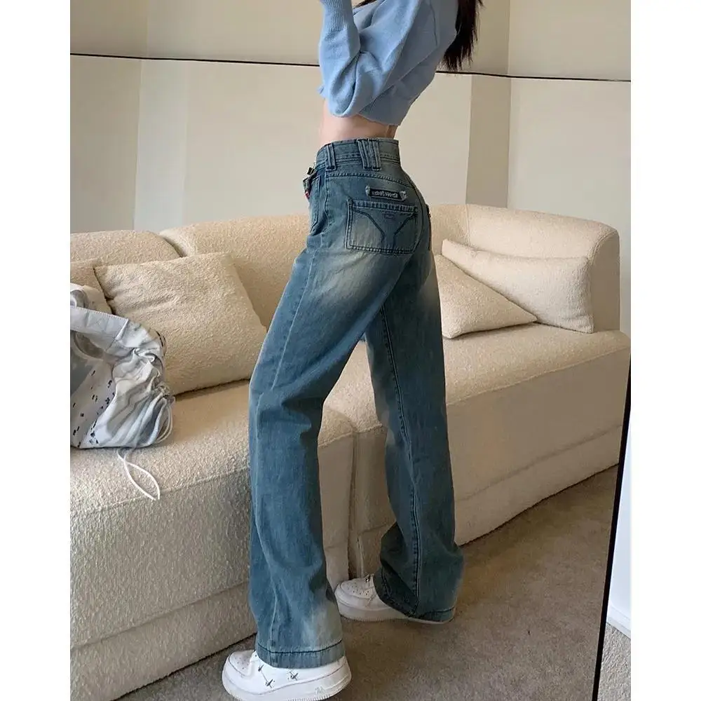 

Baggy Jeans Women's Niche Blue High Waist Straight Jeans Large Size Loose Figure Flattering Wide Leg Pants Cotton Denim Washed