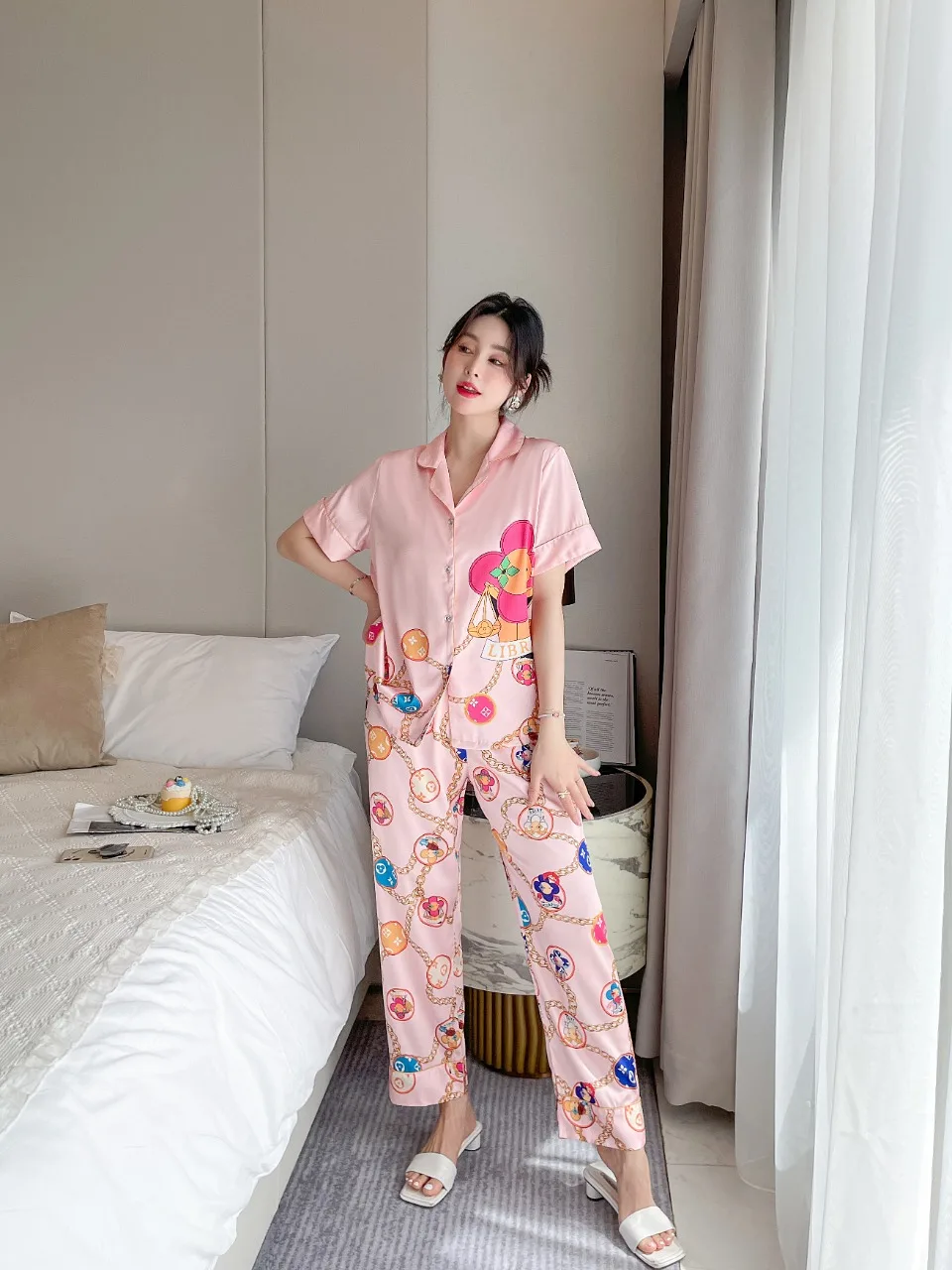 [Women's pajamas] [high-quality]2023 New Short Sleeve Long Pants Ice Silk Set Korean Version Sweet Sunflower Large Homewear