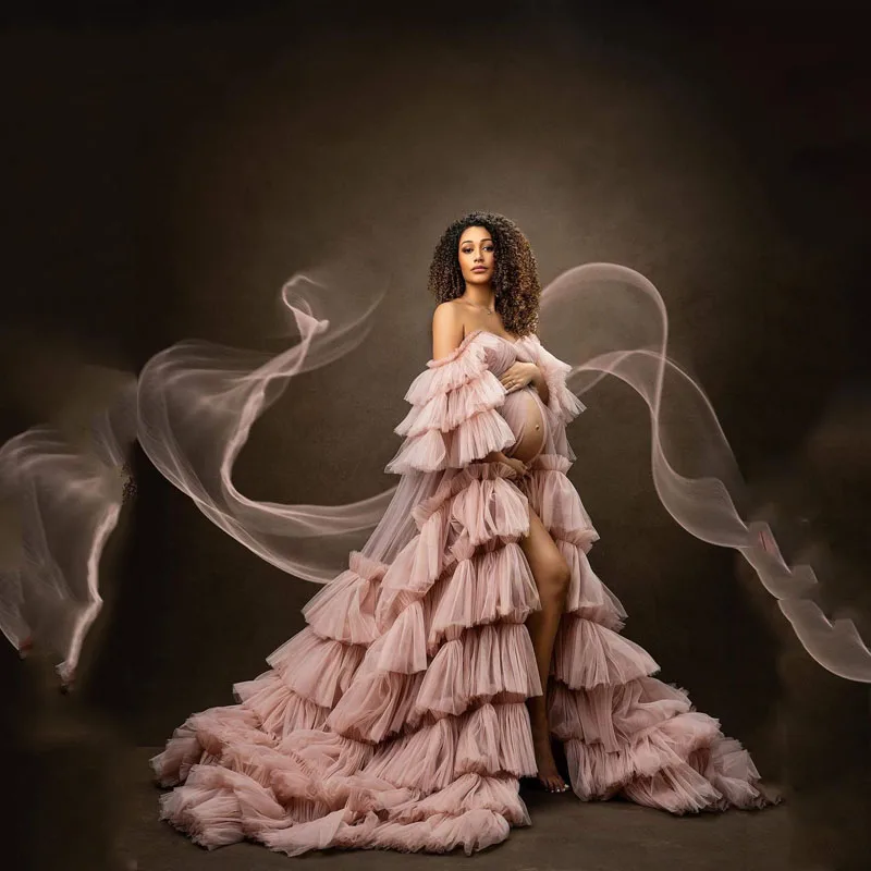 

Sexy Pregnant Women Large Swing Cake Dress V-Neck Off Shoulder Split Tail Group Dresses Photography Props Lace Cut Out Vestidos