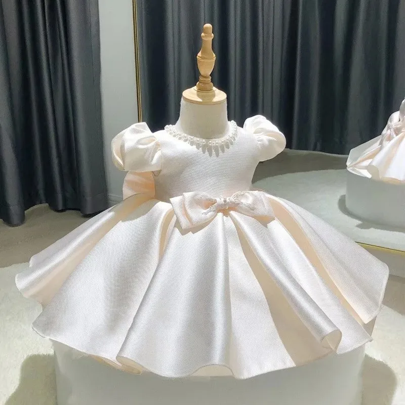 New Baby Girls Dress Beads Bow Newborn Baptism Dress Baby Girl Tutu 1st Year Birthday Party Dresses Puff Sleeves Toddler Clothes