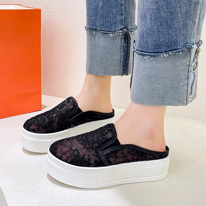 

Женские туфли 2023, шлепанцы на платформе, закрывающие Носок, новинка, рифленая вышивка, Искусственная резина