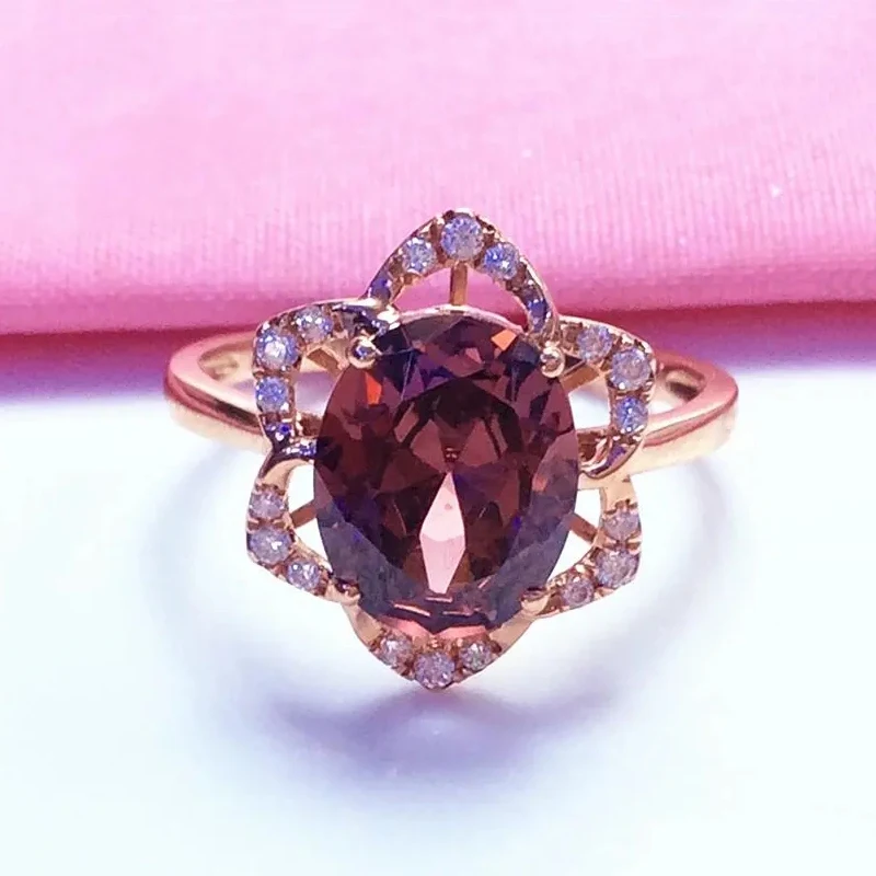 

585 Purple Gold Plated 14K Rose Gold Inlaid Red Crystal Flower Rings for Women Exquisite Light Luxury Engagement Jewelry Gift