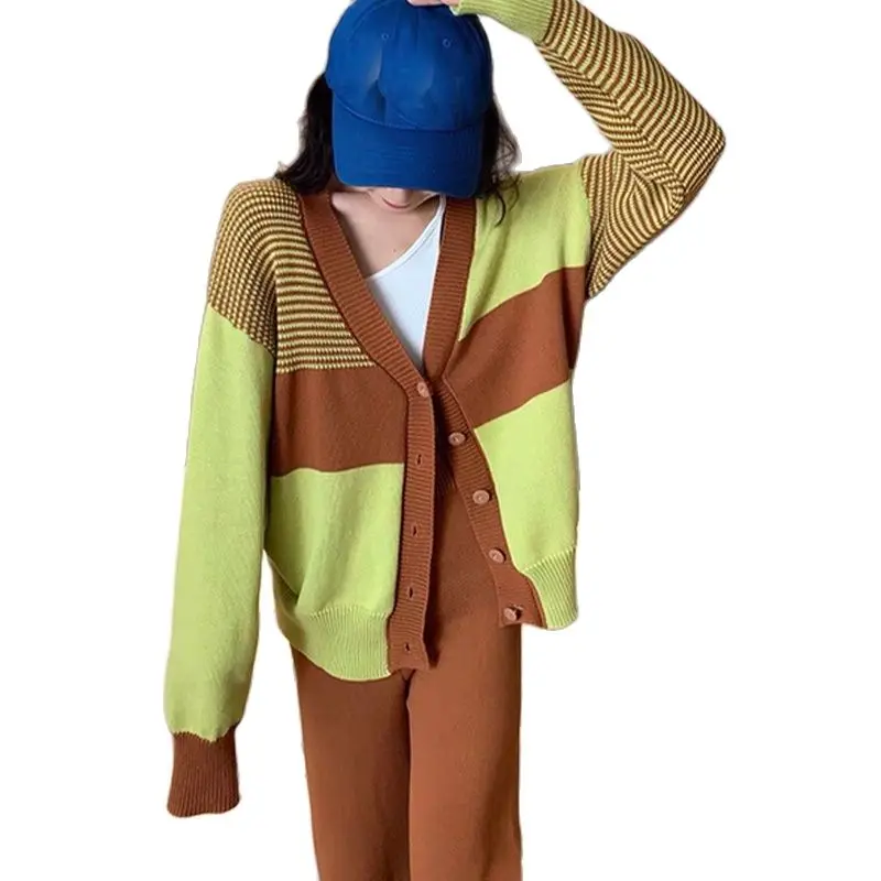 

Fashion Women Suits Winte r2021 Hot Sale New Casual V Neck Knit Cardigan Wide Leg Pants 2 Piece Sets Womens Outfits