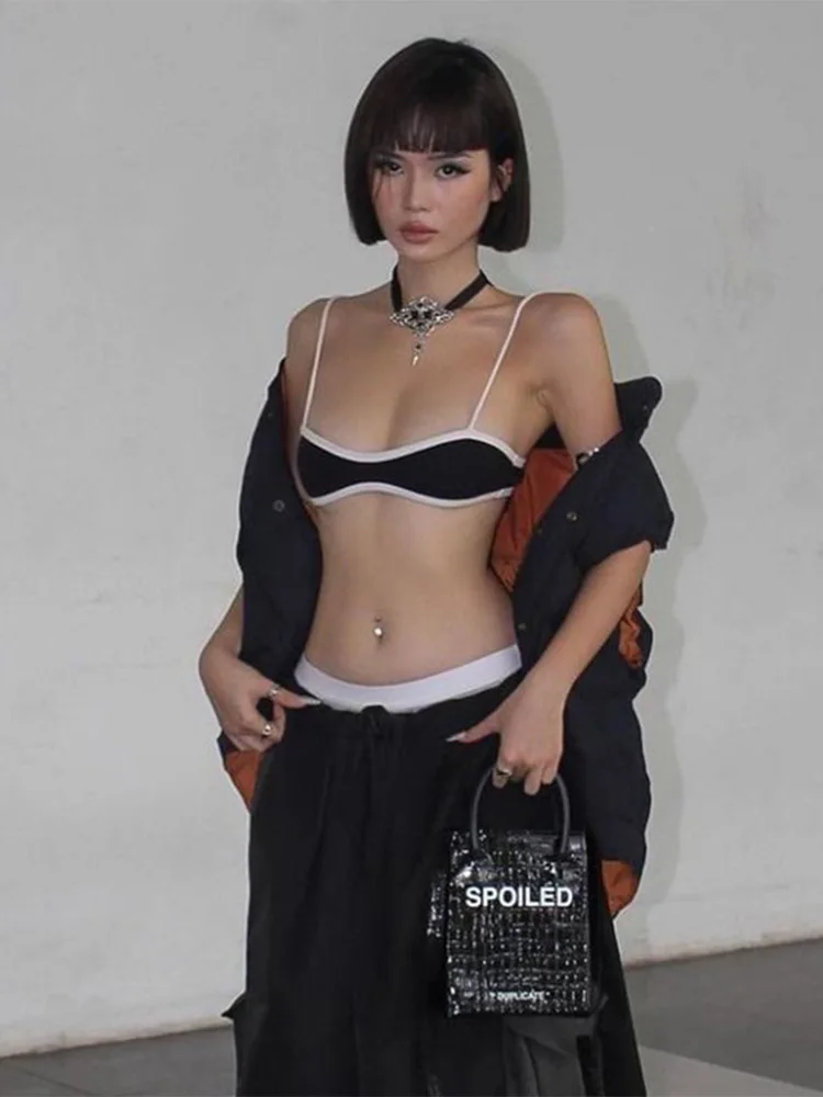 Черные укороченные топы с принтом повседневные без рукавов новинка 2023 Y2K