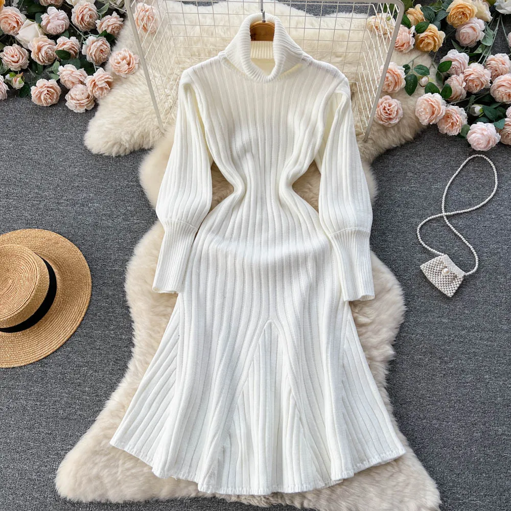 

Осенне-зимнее облегающее тонкое вязаное платье-Русалка с высоким воротником и длинными рукавами