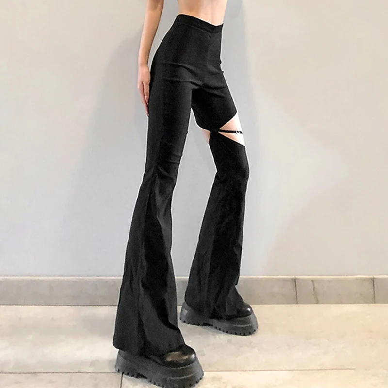 

Punk Black Women Flare Pants Gothic Y2K Solid Elastic High Waist Joggers Y2k Clothing Fashion Streetwear Hollow Out Trousers