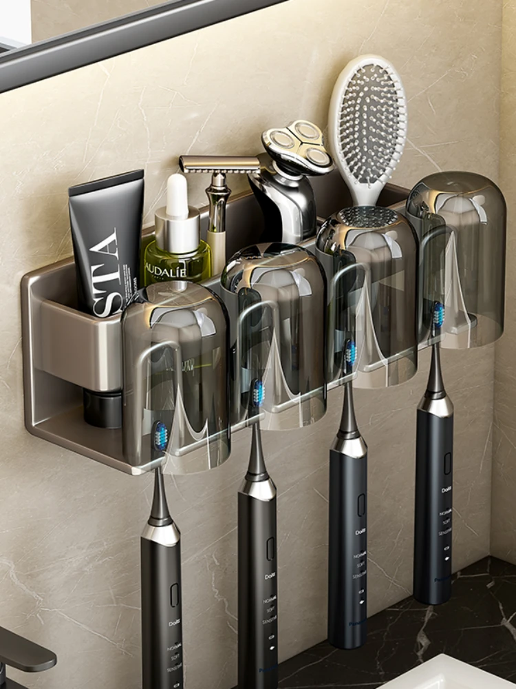 

Wall Mounted Toothbrush Holder Dryer Holder Bathroom Shelf Without Drilling Plastic Hair Dryer Alloy Stand Bathroom Organizer