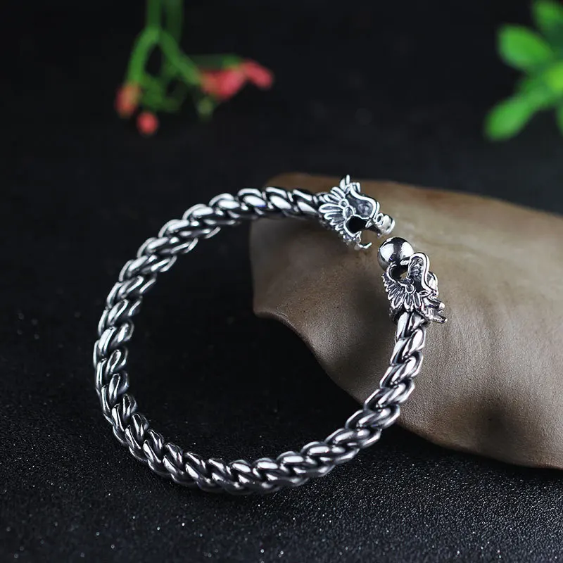 Uglyless Real 990 Pure Silver Square Twisted Chains Bangles for Men 2 Dragons Playing Ball Open Bangle Thai Silver Jewelry BA697 images - 6