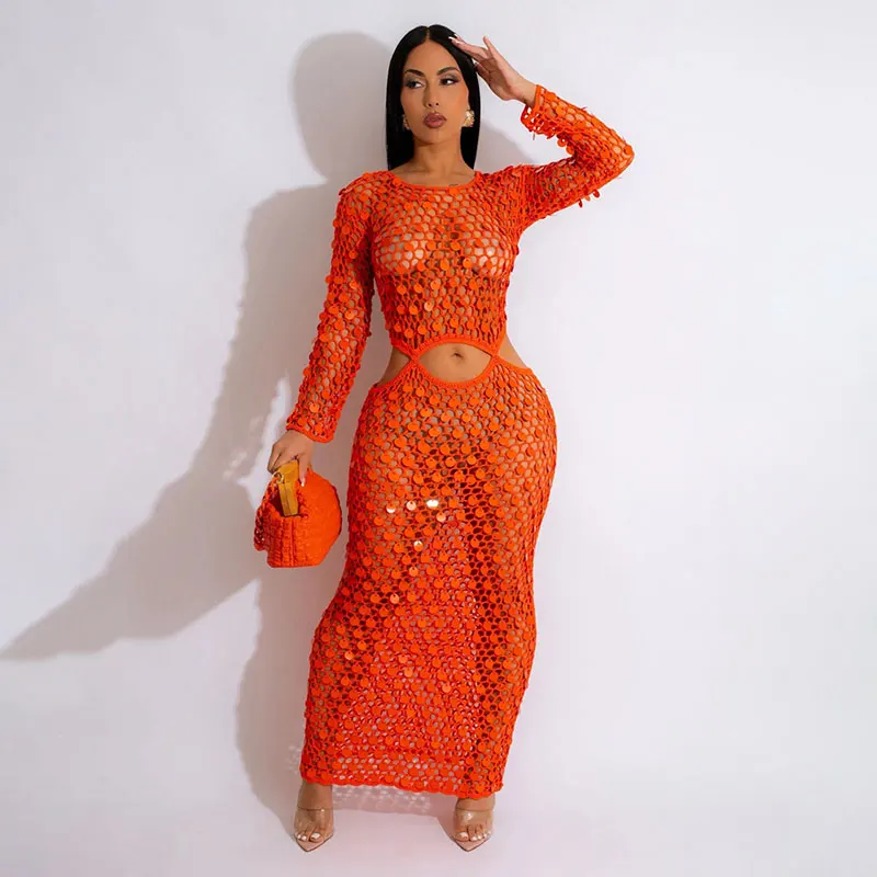 

Tassel Knitted Summer Beach Dress Women Sexy Hollow Out Long Sleeve Backless Long Robe Cover Up Blouse Fashion Sequins Dress