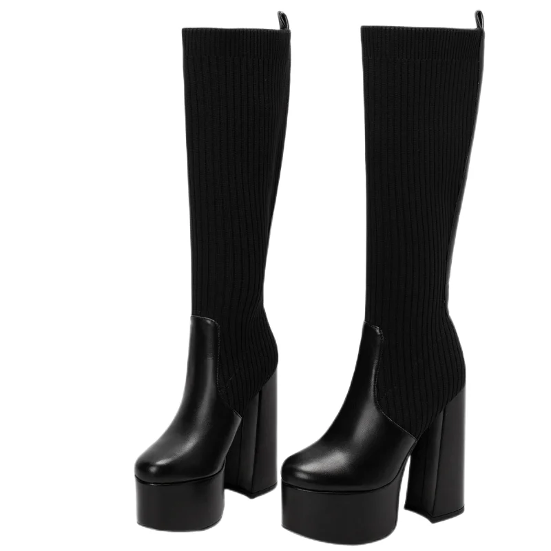 Готические сапоги до колена на платформе осень-зима пикантные эластичные