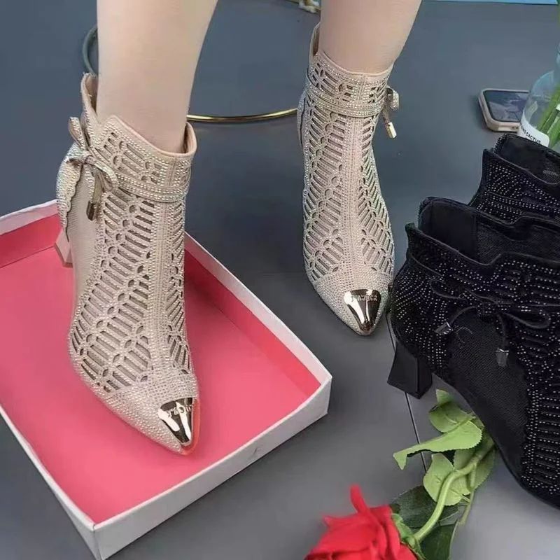 

2022 Autumn Women Naked Boots,Sexy Hollow out Rhinestone Mesh Shoes,Fashion Summer Heels,Pointed toe,BLACK,GREY,Dropshipping