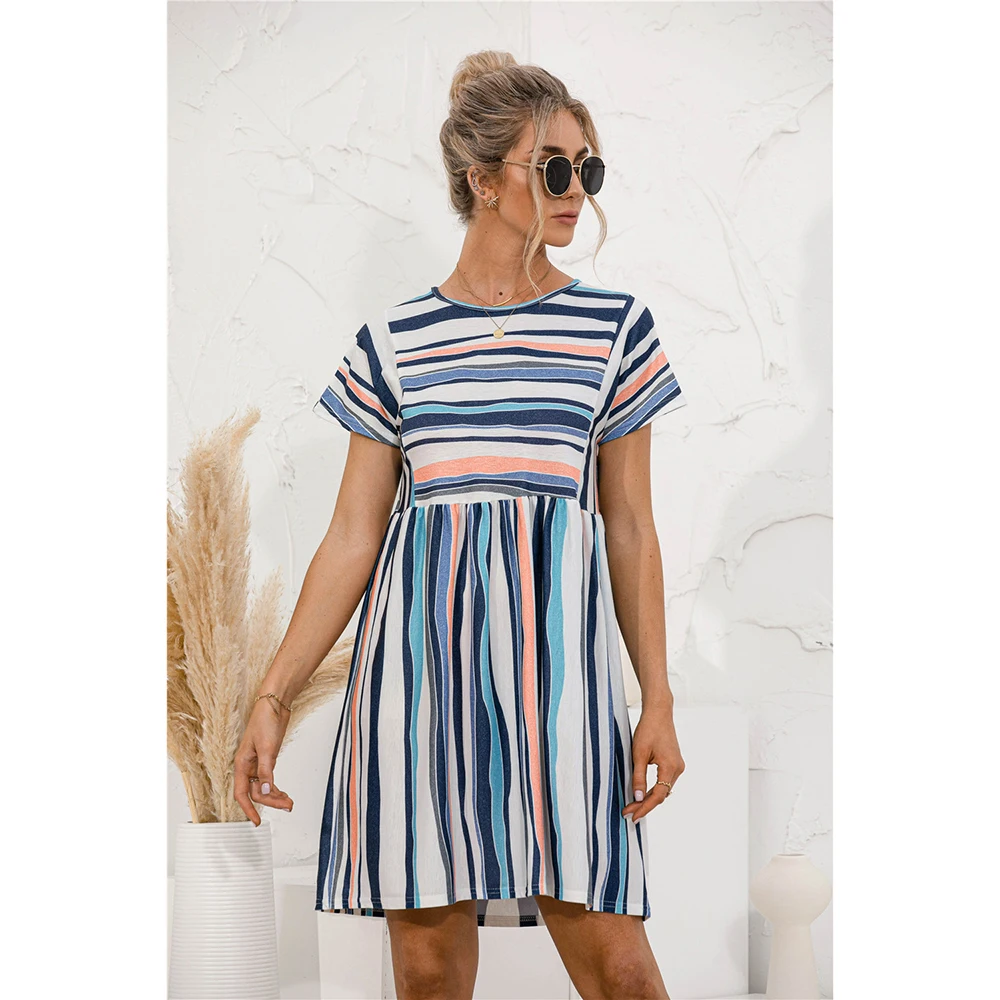 

Женское пляжное платье в полоску, элегантное свободное платье с коротким рукавом и круглым вырезом, лето 2022