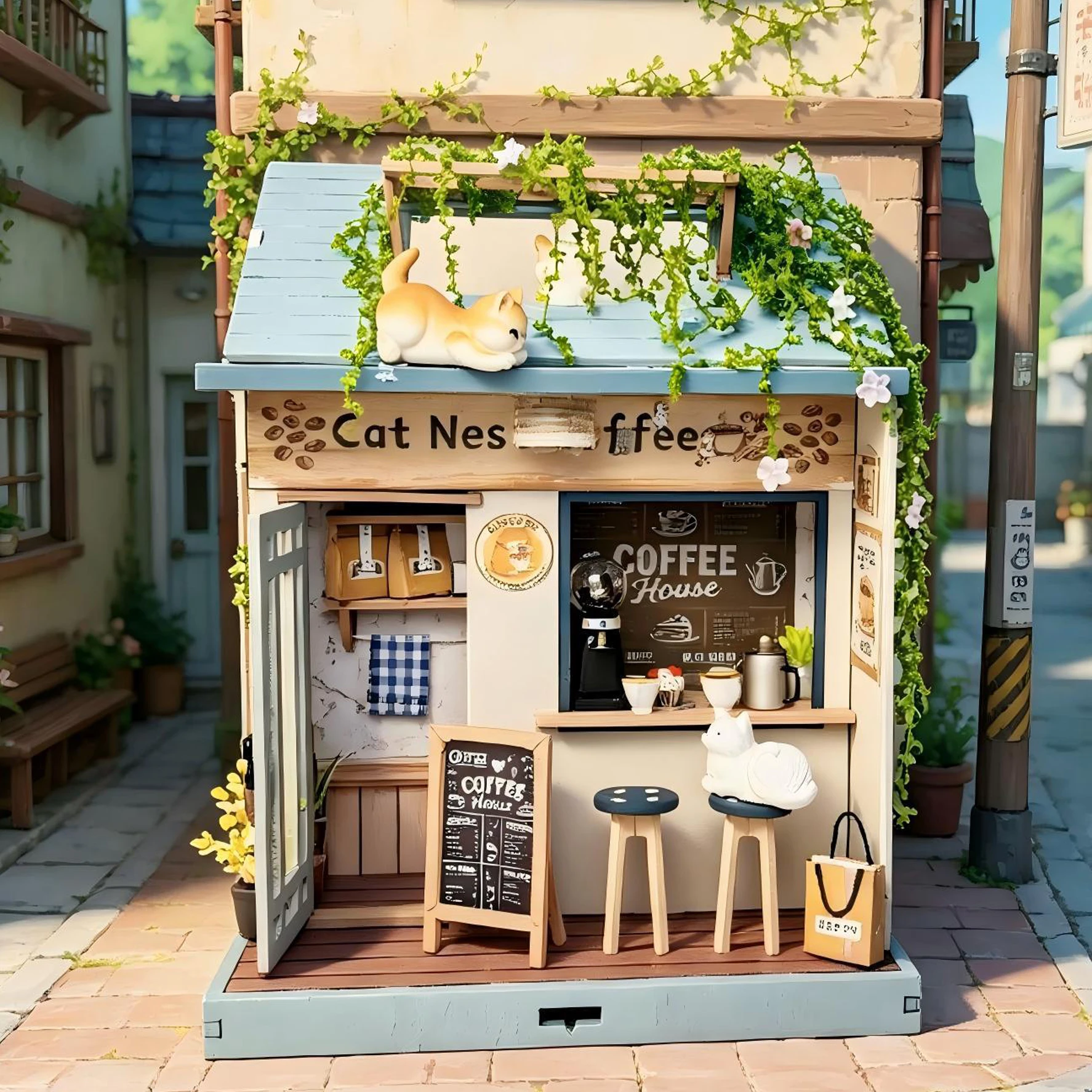 Фото Набор для сборки 3D-пазлов DIY: деревянный кофейный домик-котельня с подсветкой, миниатюрная модель, подарок для друзей и девушек на день рождения №3