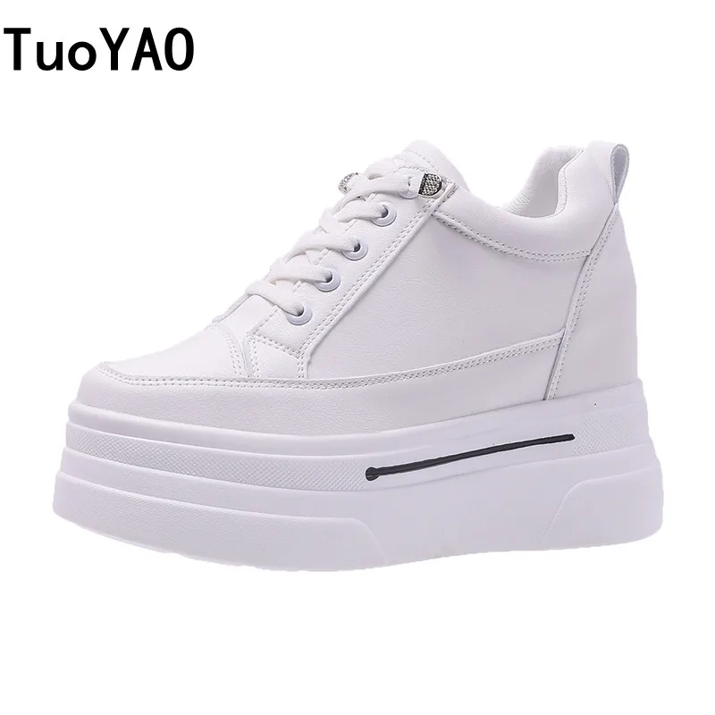 

New 2023 Women Hidden Heels Sneakers 9CM High Platform Wedges Sneakers Autumn Chunky Leather Shoes Woman Lace Up Dad White Shoes