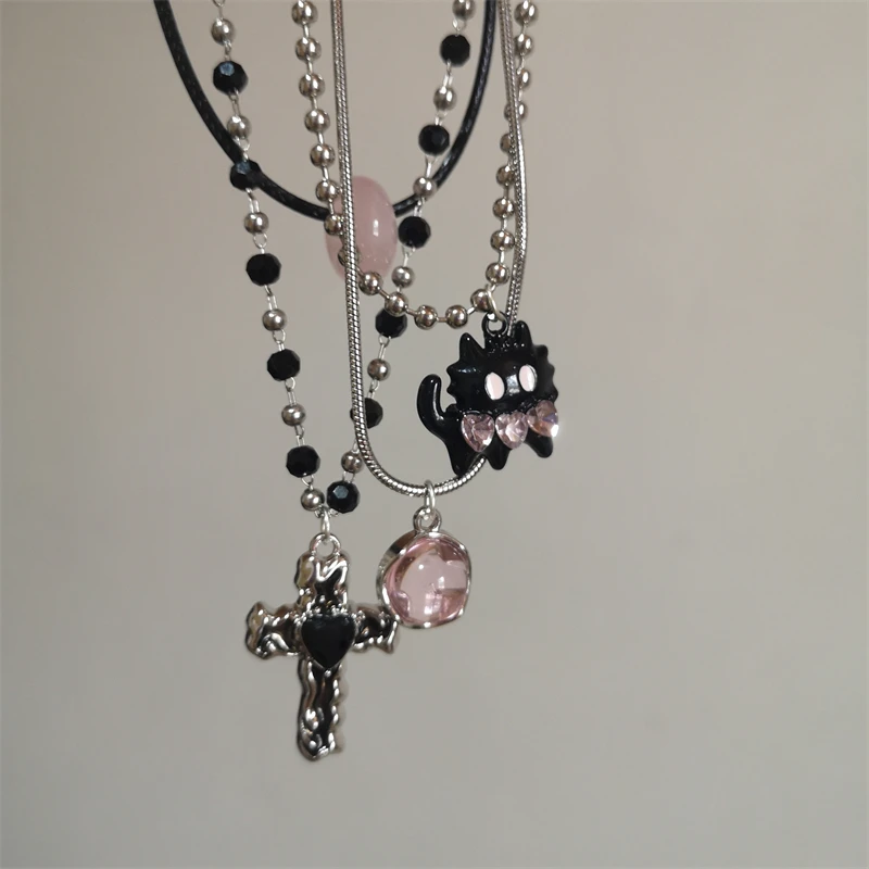 Милое ожерелье с черным котом черно-розовым крестом и бисером для женщин девочек