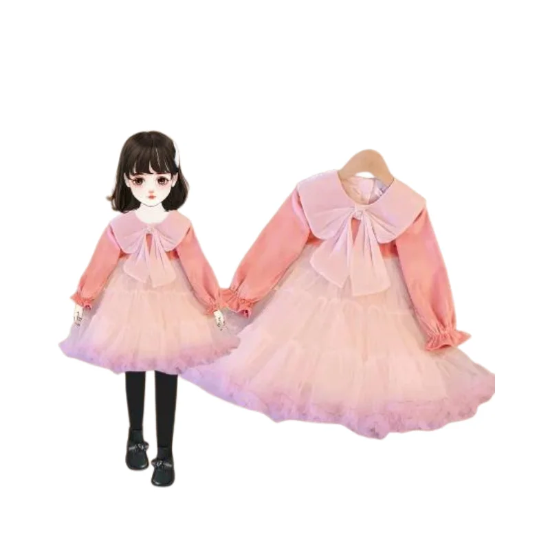 

Girls' fashionable pink knitted dress