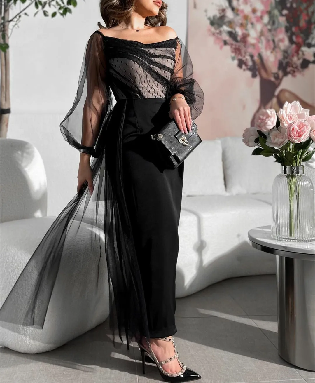 

Винтажные длинные черные тюлевые вечерние платья с рукавами-футляр إريريريريس س длиной до щиколотки женские вечерние платья