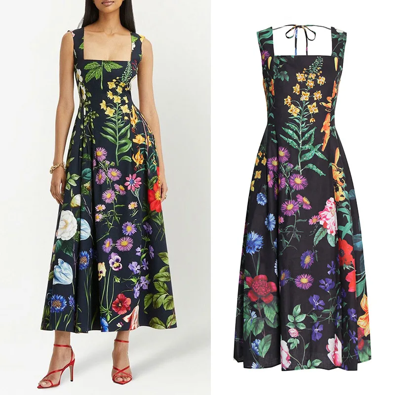 2023 Spring And Summer New Temperament Elegant Wind Printed Suspender Long Skirt Square Collar Nail Beaded Large Swing Dress