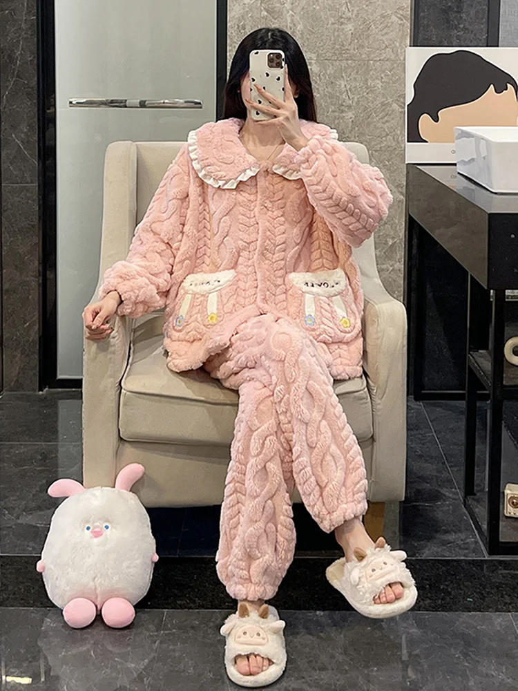 Autumn and Winter Coral Fleece Pajamas for Women Plus size Thick Warm Flannel Can Be Worn outside Spring Pink Home Wear Set