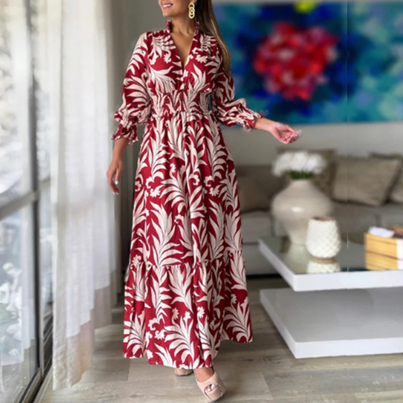 

Women V-Neck Long Sleeve Elastic High Waist Dress Autumn New Floral Fashion Boho Printed Dress Elegant A-Line Maxi Party Dresses