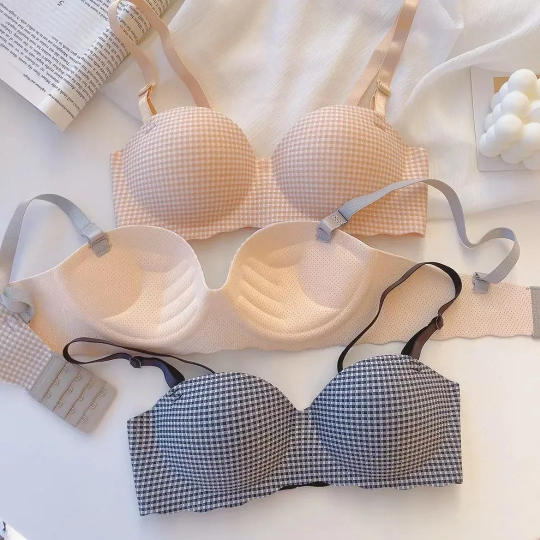 

Бюстгальтер для молодых женщин подростков без косточек пуш-ап Бралетт нижнее белье повседневное клетчатое женское нижнее белье Топы Бюстгальтеры цельный