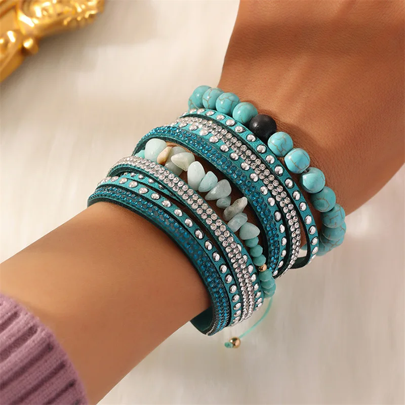 

Multi Layers Fashion Women Bohemia Natural Stone Beads PU Leather Crystals Female Boho Bracelet Set Jewelry