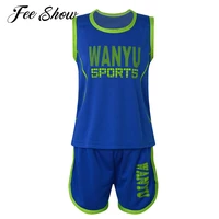 kids boys letter print tracksuit sport suit breathable basketball sets training outfit round neck sleeveless t shirt with shorts